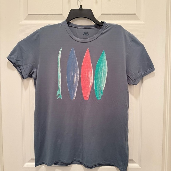 Track & Field Men's T-Shirt Size L Gray/Blue Print Short Sleeve Athletic Tee - Picture 2 of 9